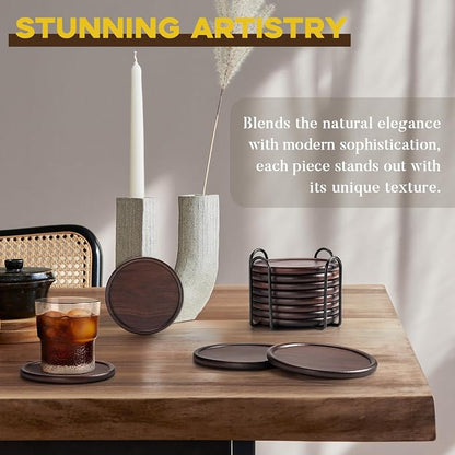 Wood Coasters with Metal Holder, GOH DODD Set of 8 Walnut Wooden Coaster - Image 3