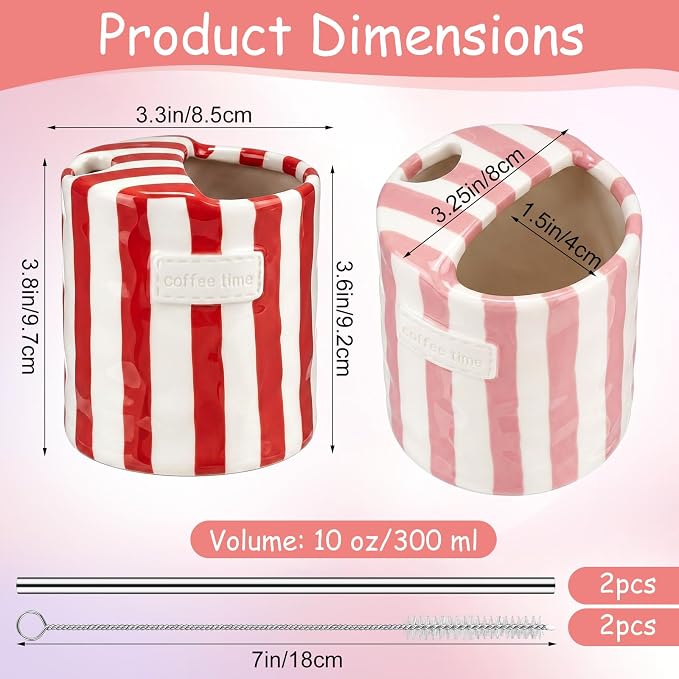 2 Pack Ceramic Coffee Mug with Sip Hole Espresso Cup 10oz with Straws Retro - Image 2
