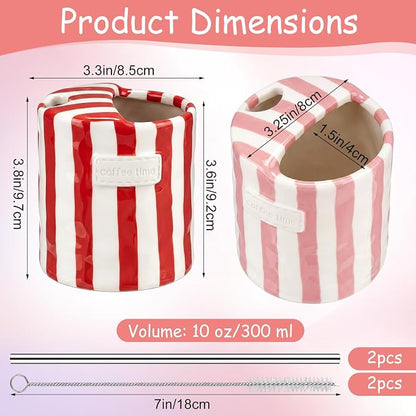 2 Pack Ceramic Coffee Mug with Sip Hole Espresso Cup 10oz with Straws Retro - Image 2