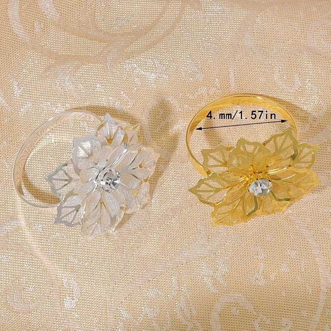 14K Gold Napkin Rings Set of 12, Metal Gold Flower Napkins Rings Holder Buckles - Image 4
