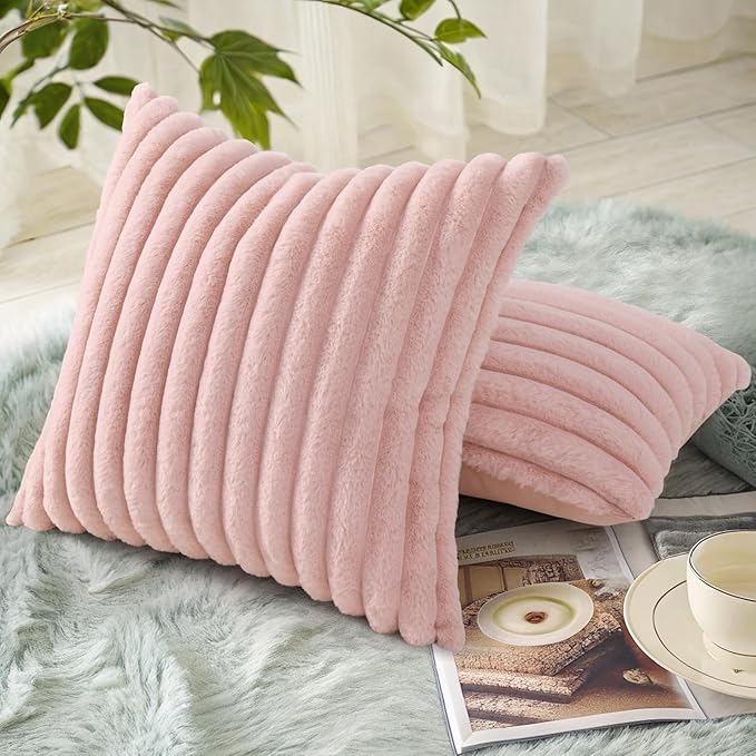 decorUhome Cozy Faux Fur Throw Pillow Covers 26x26 Set of 2 Decorative Soft Plush Striped Modern Farmhouse Boho Couch Euro Sham Pillow Cases with Velvet Back for Sofa Bed Living Room Valentines, Pink