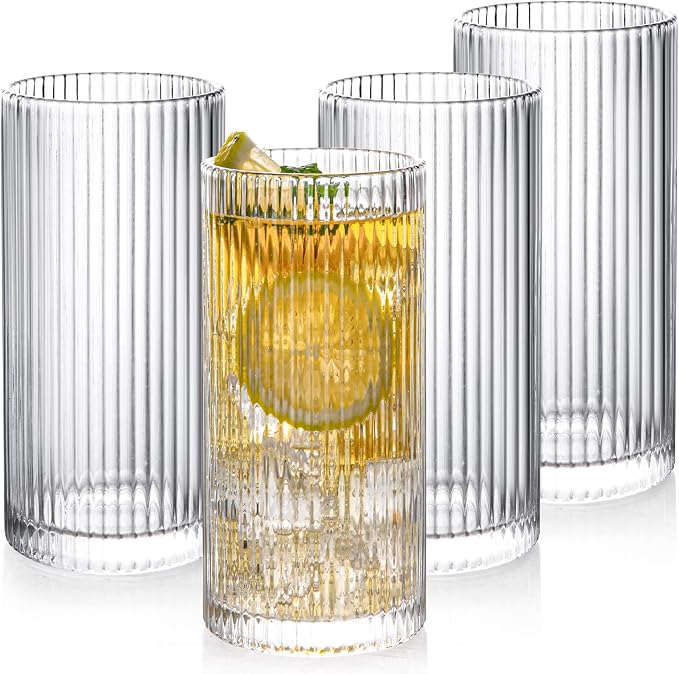 Drinking Glasses with Origami Style Set of 4 Glass Cups, 12 oz Ribbed Glassware by Polishyourdreamlightupthefuture