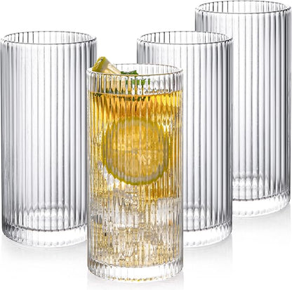 Drinking Glasses with Origami Style Set of 4 Glass Cups, 12 oz Ribbed Glassware by Polishyourdreamlightupthefuture