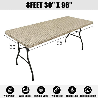 Smiry Rectangle Table Cloth Cover, Waterproof Elastic Fitted Picnic Tablecloth for 8 Foot Tables, Wipeable Flannel Backed Vinyl Tablecloths for Camping, Dining, Outdoor (Sand, 30" x 96")