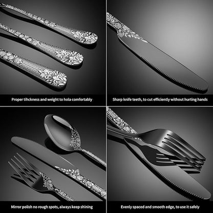 40 Piece Black Silverware Set, Stainless Steel Flatware Cutlery Set Service - Image 4