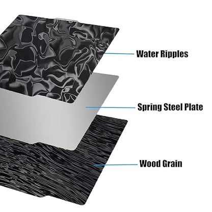 Smooth Water Ripples+Wood Grain 3D Printer Build Plate for Bambu Labs X1 X1C X1E P1P P1S A1, Double Sided Flexible Sheet Spring Steel Plate 257x257mm for Bambulab 3D Printer Platform