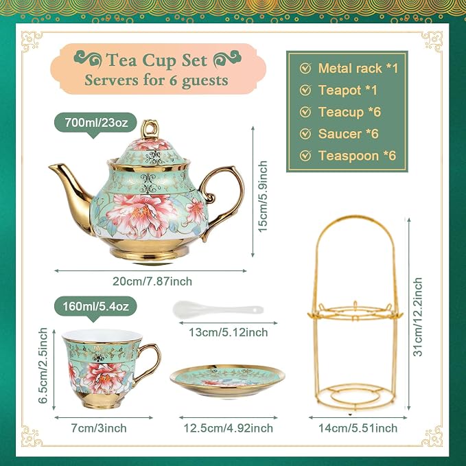 20 Pcs Porcelain Tea Set with Metal Holder, Adult Tea Set Gift, European - Image 2