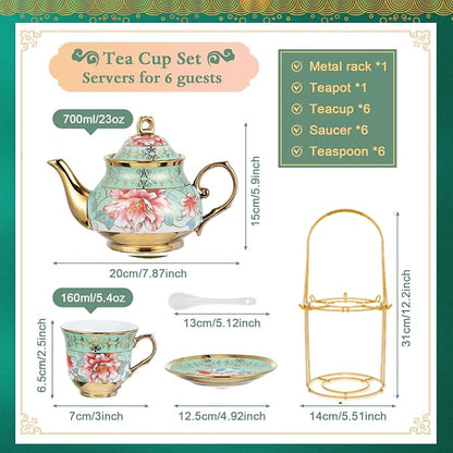 20 Pcs Porcelain Tea Set with Metal Holder, Adult Tea Set Gift, European - Image 2