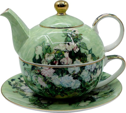 Porcelain 13 OZ Tea for One Teapot and Cup Set Vintage Floral Ceramic Tea Set by AOTELIDA