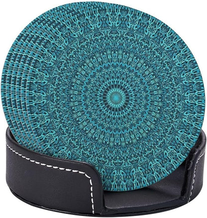 6 Pcs Mandala Turquoise Teal Blue Green Leather Coasters - Image 6