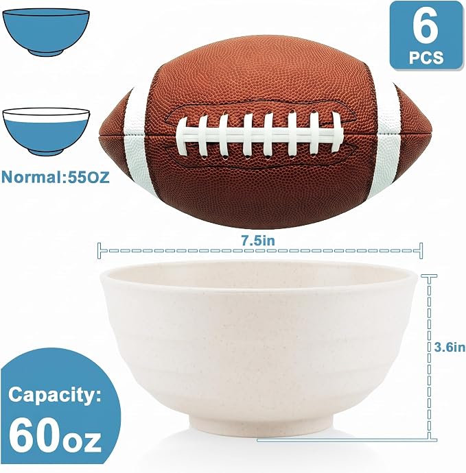 60 OZ Wheat Straw Bowls, Large Popcorn Bowl Sets of 6, Unbreakable Large - Image 2