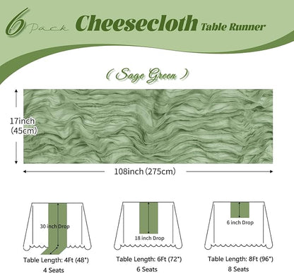 6 Pack Sage Green Cheesecloth Table Runner, 17 x 108 inch, Semi Sheer Boho - Image 3