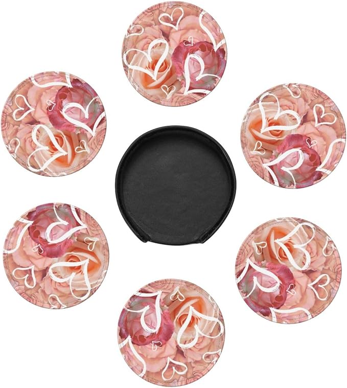 Drink Coasters with Holder Stand Set of 6, Heart Pink Rose Flower Pu Leather - Image 5
