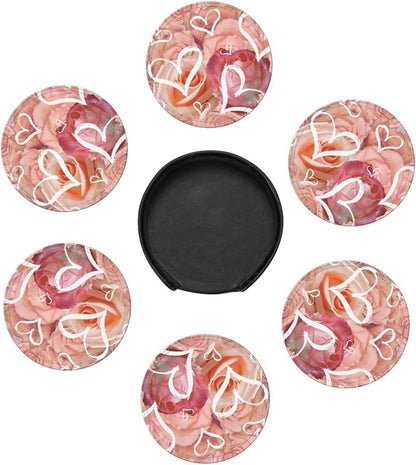 Drink Coasters with Holder Stand Set of 6, Heart Pink Rose Flower Pu Leather - Image 5