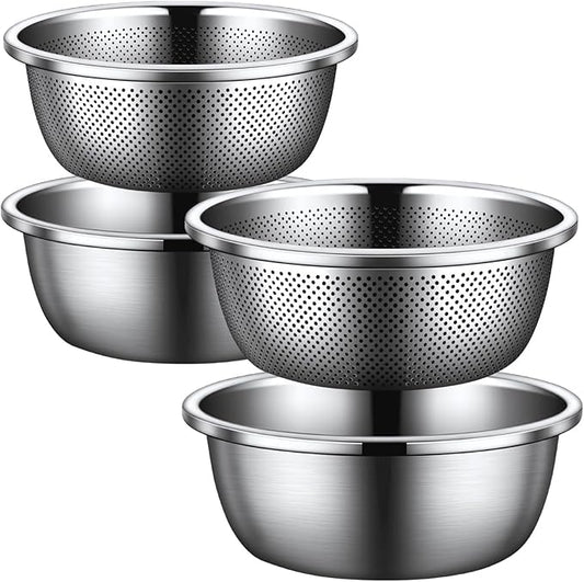 4 Pcs Stainless Steel Mixing Bowls Drain Basket, Set with Strainer, 24 cm/9.45 in and 30 cm/11.8 in Solid and Perforated Bowls, Rust-Resistant Kitchen Helper for Washing, Draining, and Filtering