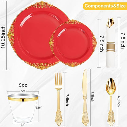 Nervure 350PCS Red Plastic Plates - Red Gold Plastic Dinnerware Sets for 50 Guests - 100 Gold Disposable Plates, 50 Pre Rolled Silverware Sets, 50 Cups Perfect for Wedding & Party