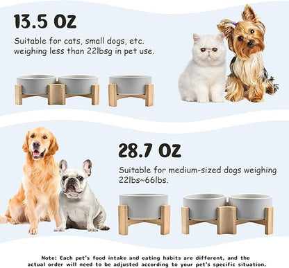 SPUNKYJUNKY 15° Slanted Ceramic Dog and Cat Bowl with Wooden Stand, Tilted Bulldog Food and Water Bowl No Slip Non-Spill for Cats Medium Dogs Big Face Pets 28.7 OZ (3.6 Cups, Grey)