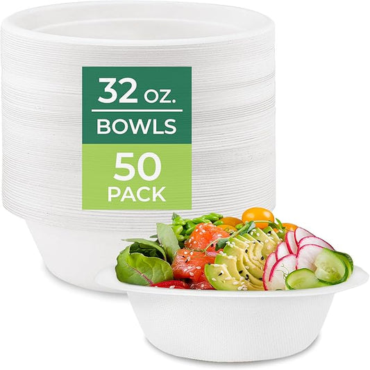Freshware Paper Bowls - Disposable 32 oz Soup Bowl, 50-Pack Biodegradable Sugarcane Fiber Serving Bowls - Heavy Duty Bagasse for Hot Food Plates - Microwave & Freezer Safe, Stackable Dinnerware
