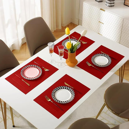 Vinyl Placemats Heat-Resistant Table Mats Washable Easy Clean Plastic Placemats for Dining Table Set of 4 (Red)