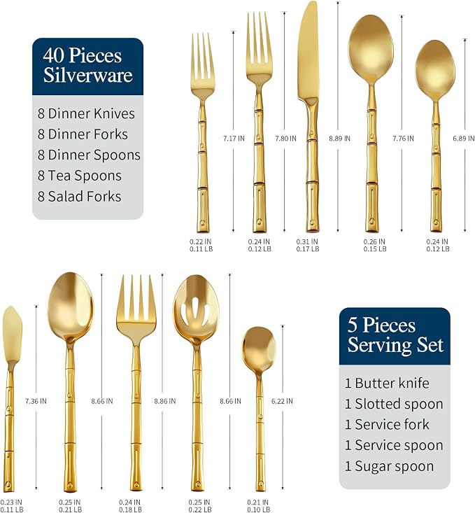 Gold Silverware Set 45-Piece Bamboo Pattern Service - Image 2