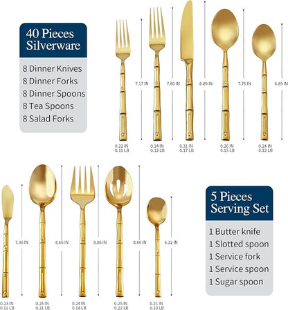 Gold Silverware Set 45-Piece Bamboo Pattern Service - Image 2