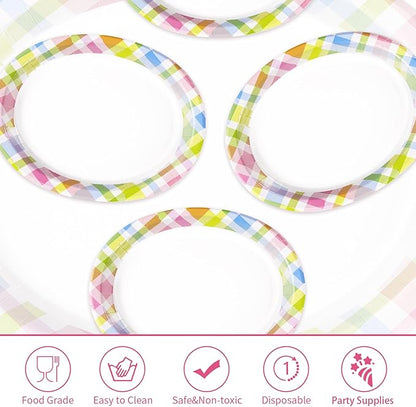50Pcs Easter Oval Paper Plates 10" x 12" Large Disposable Heavy Duty Color Easter Buffalo Plaid Checkered Paper Platters Spring Rainbow Dessert Plates for Holiday Dinner Birthday Party Supplies