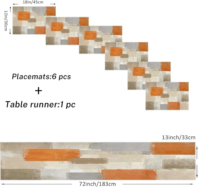 Emvency Table Runner and Placemats Set of 6, Farmhouse Modern Painting | Orange - Image 2
