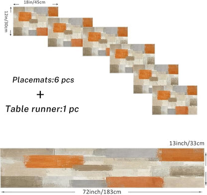 Emvency Table Runner and Placemats Set of 6, Farmhouse Modern Painting | Orange - Image 2