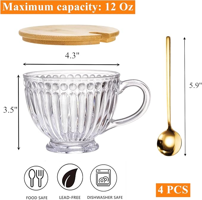 Cididu Large Glass Vintage Latte Mugs Set of 4, 12 Oz Ribbed Cups - Image 2