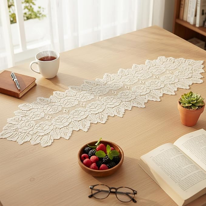 Beige Oval Lace Table Runner Doilies, Cotton Handmade Crochet Placemats by Unknown