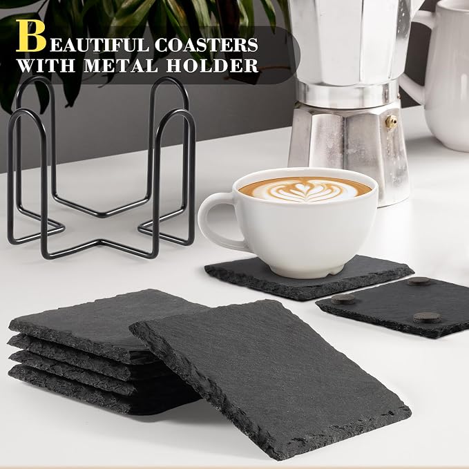 Slate Coasters Set of 8 with Metal Holder, Modern Stone Coasters - Image 2