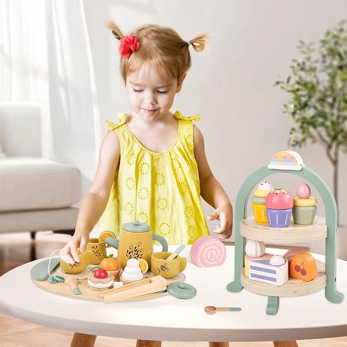 Wooden Tea Party Set for Little Girls Pretend Food Play for Toddler 3-5 | Kids - Image 7