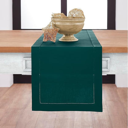 Solino Home Cotton Linen Table Runner Dark Green Hemstitch, 14 x 120 in | by SolinoHome