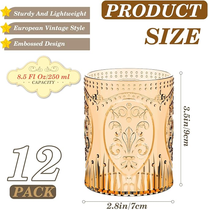Qinyoung 12 Plastic Vintage Drinking Glasses 8.5oz Stemless Retro Embossed Wine - Image 3