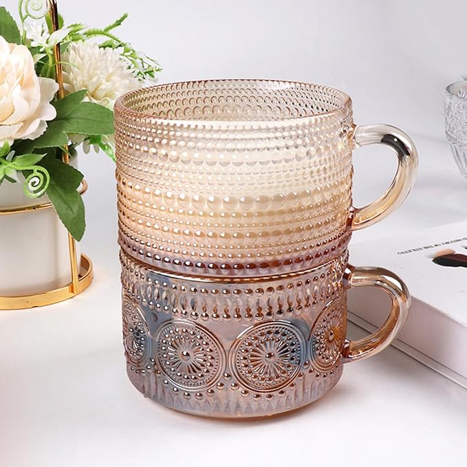 MFACOY Vintage Coffee Mugs Set of 2, 14 oz Glass Tea Cups - Image 3