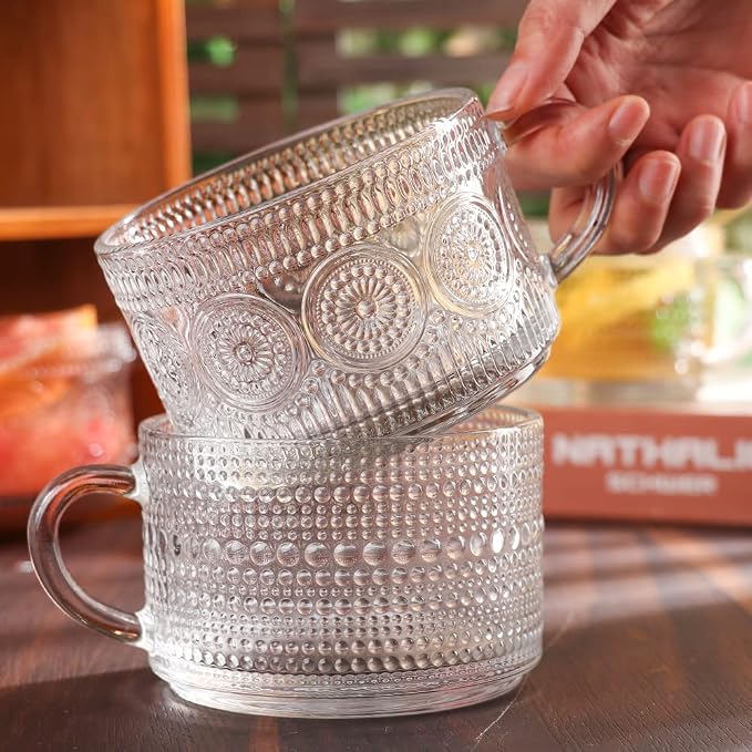 Vintage Glass Coffee Mugs Set of 4, 14 OZ Embossed Glass Coffee Cups Coffee Mugs - Image 8