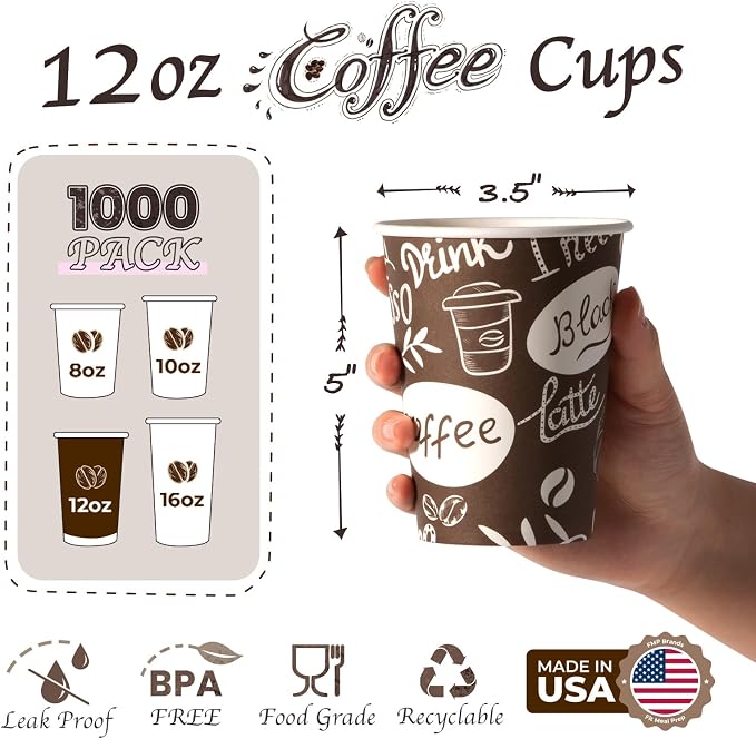 Fit Meal Prep 12 oz Coffee Cups 1000 Count, Leak-Proof Hot Cup, Disposable - Image 2