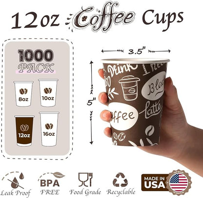 Fit Meal Prep 12 oz Coffee Cups 1000 Count, Leak-Proof Hot Cup, Disposable - Image 2