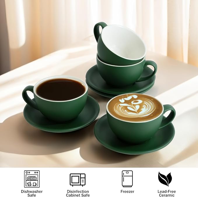 Yundu Matte Green Cappuccino Cups Set of 4-10oz Ceramic Latte Mugs - Image 3