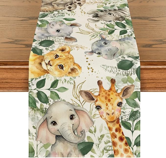 Artoid Mode Animals Elephant Giraffe BabyShower Table Runner, Seasonal Spring by ArtoidMode