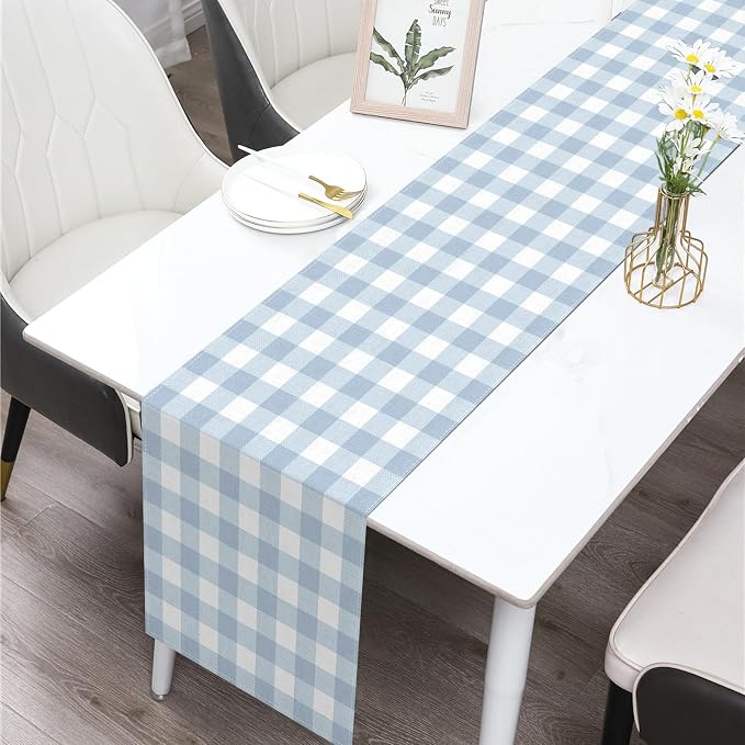 Dusty Blue Gingham Table Runner Light Blue Checkered Boy Girl Baby Shower - Image 2