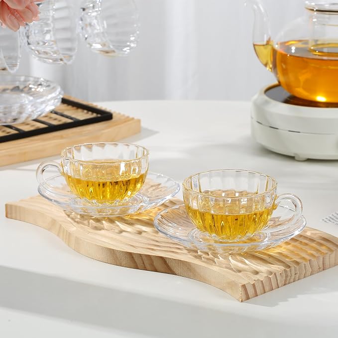 Glass Tea Cups and Saucers Set of 6, Dishwasher & Microwave Safe Teacups - Image 3
