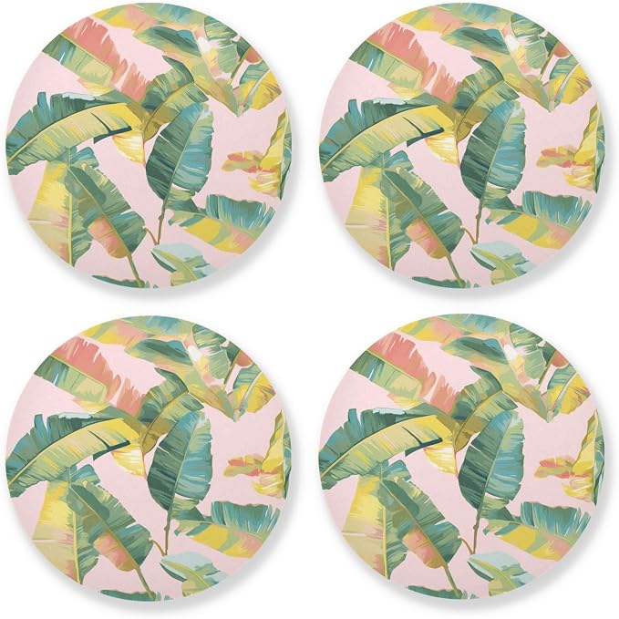 Tropical Banana Leaf Round Coaster 4 Pcs Cork Placemats Hot Pads by KLL