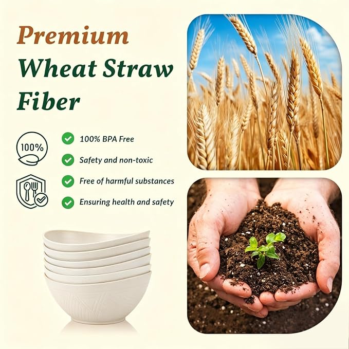 Salad Bowls Set of 6, 60 OZ Large Wheat Straw Bowls - Image 3