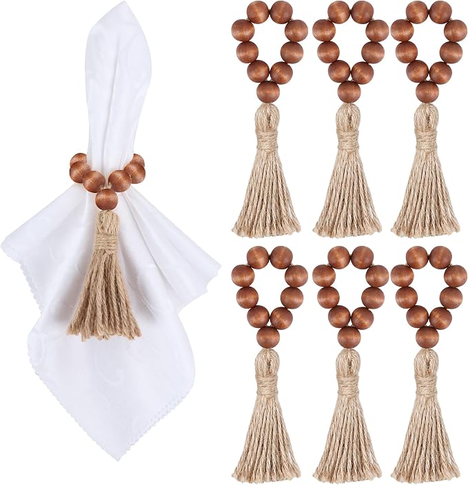 Meplait 6 Pack Wooden Bead Napkin Rings, Boho Farmhouse Table Decor, by Meplait