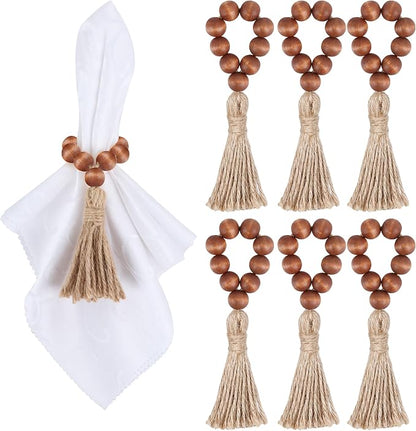 Meplait 6 Pack Wooden Bead Napkin Rings, Boho Farmhouse Table Decor, by Meplait