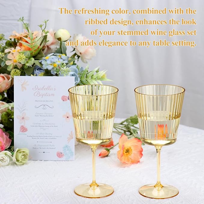 12 PCS Gold Ribbed Plastic Wine Glasses 13.5 OZ Ribbed Wine Glasses Detachable Wine Glass Elegant Fluted Glassware Vintage Style for Wedding Anniversary Birthday Dinner Parties