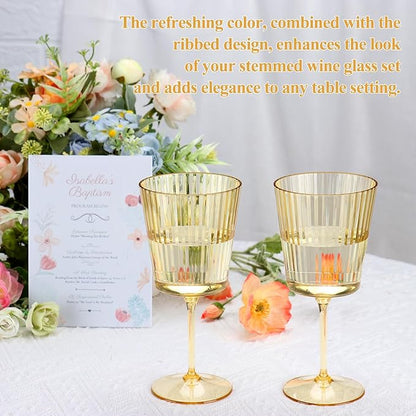 48 PCS Gold Ribbed Plastic Wine Glasses 13.5 OZ Ribbed Wine Glasses Detachable Wine Glass Elegant Fluted Glassware Vintage Style for Wedding Anniversary Birthday Dinner Parties