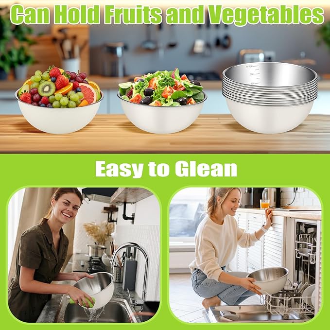 12 Pcs 0.74qt Stainless Steel Mixing Bowls Nesting Metal Prep Salad Bowls with Scale Reusable Baking Cooking Food Soup Storage Organizers for Kitchen Refrigerator