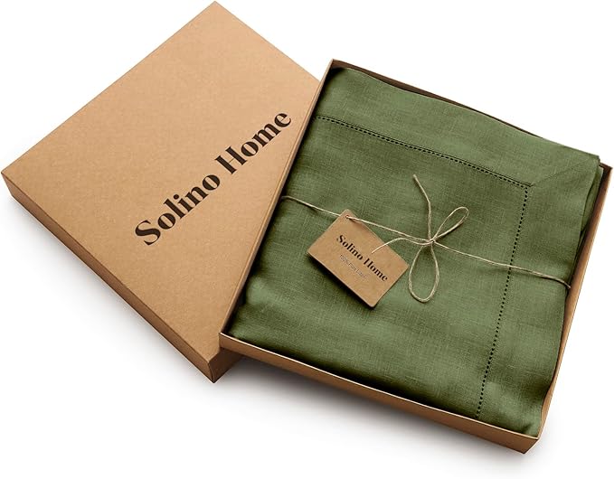 Solino Home Olive Linen Tablecloth 60 x 120 Inch - 100% Pure Linen Hemstitch Table Cloth for Rectangle Tables - Classic Hemstitch, Machine Washable Tablecloth for St Patricks Day